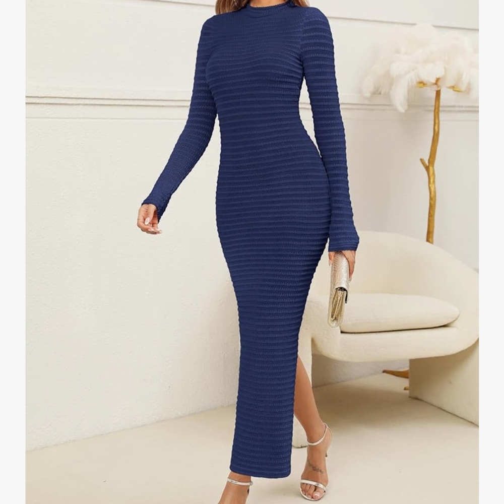 Elegant autumn fall textured knit dress  Long Sleeve Ribbed Dress
